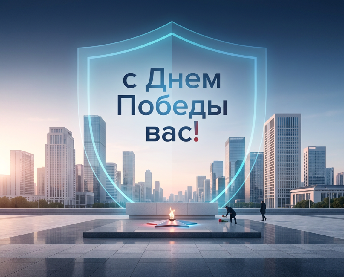 Поздравление с Днем Победы на фоне современного города с символическим защитным щитом и Вечным огнем
