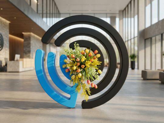 Логотип компании ЯРОСВЕТ в интерьере офиса, украшенный весенним букетом тюльпанов к 8 марта